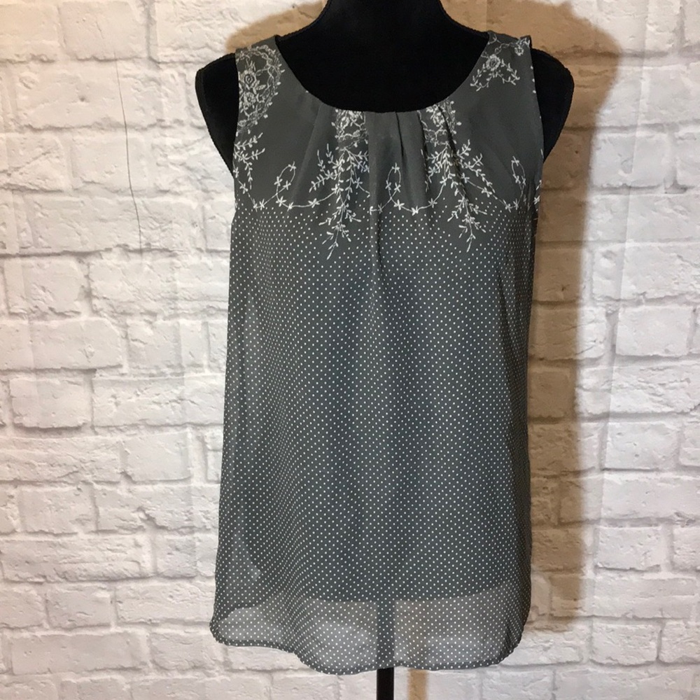 LOFT polka dot floral chiffon grey and white tank
